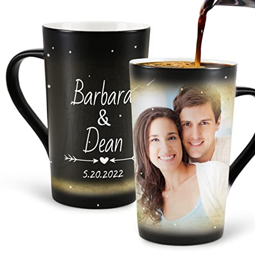 MUGKISS Tazza di caffè personalizzata 14 oz, testo personalizzato e foto appaiono su entrambi i lati con liquido caldo,