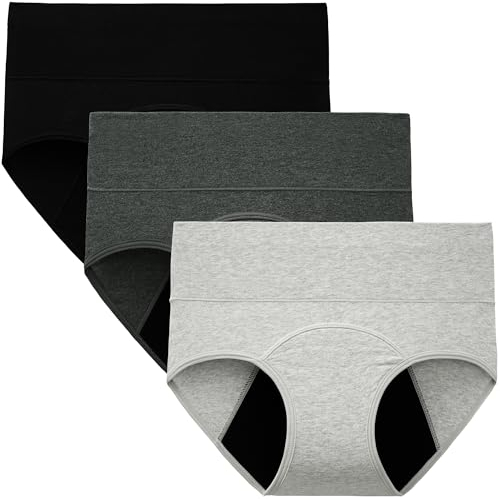 INNERSY Perioden Unterhosen Auslaufsicher Wochenbett Unterwäsche High Waist Slips Mehrpack 3 (38, Schwarz/Grau/Hellgrau)