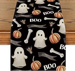 Jinlaili Decorazioni Tovagliette Halloween, Runner da tavola per Halloween, Tovaglie di Halloween, Halloween Decorazioni Horror, Halloween Tovaglie, Tovaglia da Brividi, 33x183CM Happy Halloween (C)
