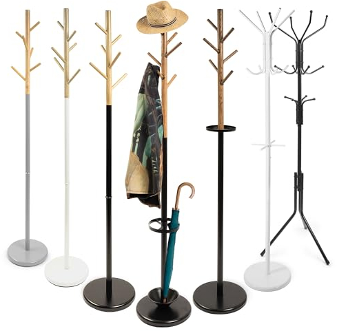 KARAT Kleiderständer grau aus Holz & Stahl stabil und Robust mit 6 Haken und Rundfuß Garderobenständer für Kleider, Garderobe und Hüte | Jackenständer für Flur Höhe 174cm Ø 28,5cm (Franklin)