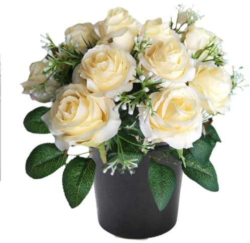 ALNIYATX Lot de 12 roses artificielles en pot pour tombe - Idéales pour cimetière et décorations funéraires