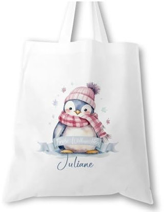 timalo® Große Einkaufstasche Stoffbeutel personalisiert mit Namen Geschenk Weihnachten für Kinder. Männer und Frauen | Pinguin