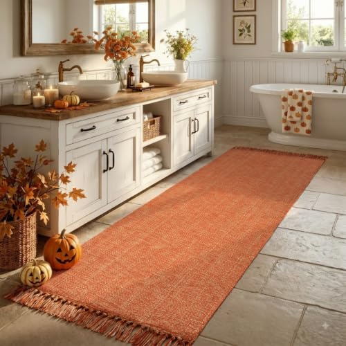 Collive Badezimmerläufer, 7,6 x 2,1 m, waschbar, lang, Küchenmatte, moderner Bauernhaus-Eingangsteppich, Terrakotta, handgewebt, Flurläufer für Waschküche, Schlafzimmer, Herbstdekoration