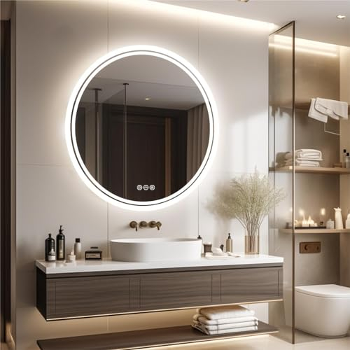 LUVODI Runder Badspiegel mit Beleuchtung: LED Spiegel Rund 60cm mit Hintergrundbeleuchtung 3 Lichtfarben dimmbar Touch-Schalter Beschlagfrei Energiesparend Wandspiegel für Bad Gäste WC
