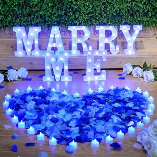 MARRY ME Light up Letters Wedding Proposal Decorations Will You Marry Me I Love U Sign Rose Petals 24 LED Love Candles Romantic Night Light for Proposal Engagement Outdoor (Blue)