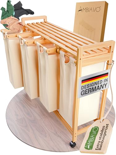 AMBIAVO® Wäschekorb 4 Fächer beige mit Rollen [Wäschesäcke aus Baumwolle] - Wäschesammler für Schmutzwäsche | Wäsche Sortiersystem | Wäschesortierer Holz | Wäschebox | Wäschekorb mit Ablage
