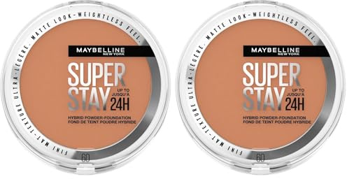 Maybelline Powder Foundation, Long-lasting 24H Wear, Medium to Full Coverage, Transfer, Water & Sweat Resistant, SuperStay 24H Hybrid Powder Foundation, 60 (Pack of 2)
