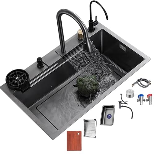Fregadero De Cocina Multifuncional Con Grifo De Cascada - Acero Inoxidable 304 Negro, Grande De Un Seno, Accesorios Completos