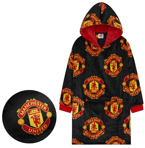 Manchester United F.C. Kinder Hoodie Decke mit Ärmeln, Kapuzenpullover Geschenke für Jungs (Schwarz/Rot Bag)