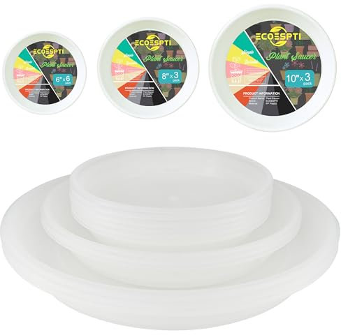 ECOESPTI Lot de 12 soucoupes colorées en plastique durable de 15,2 cm, 20,3 cm, 25,4 cm, soucoupes rondes pour pot de fleurs, plateau d'égouttement pour intérieur et extérieur, semi-transparent