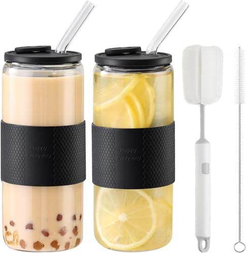 CJWLKJ 24oz Can Shaped Glass Cups Tumbler with Silicone Lids and Glass Straws, 2PCS Drinking Glasses with Lids and Straws, and Silicone Sleeves, Beer Glasses, Iced Coffee Cups, Soda, Gift - Black