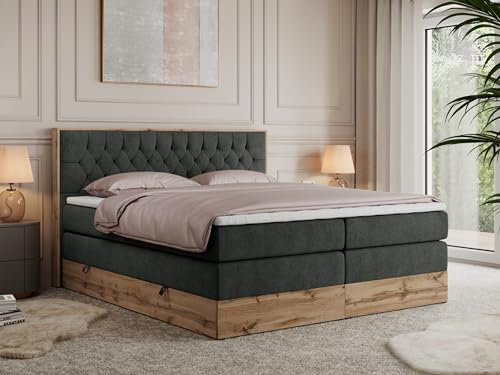 MKS MEBLE King Boxspringbett 160x200 mit Bettkasten und Kopfteil, Bonell Polsterbett mit Matratze H3 und Topper T25, Bett mit Holzrahmen in Wotan Eiche - Dunkelgrau Struktur - Amore King