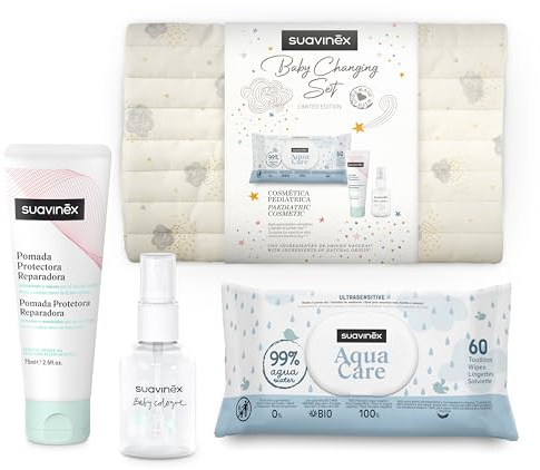 Suavinex, Neceser Pañalera para Bebés con: Pomada Protectora Reparadora 75 ml + Toallitas Aqua Care 60 uds + Baby Cologne 50 ml + Portatoallitas y Pañales. Regalo Recién Nacido, Beige, Dreams