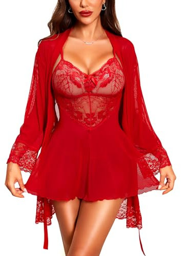 RSLOVE Nuisette Femme Lingerie Babydoll - Sexy Robe de Nuit en Dentelle Ensemble de Chemise Rouge L