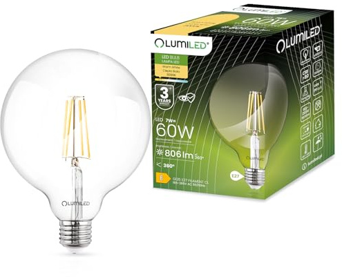 Lumiled G125 E27 LED Vintage Lampe 7W (Entspricht 60W) 806 Lm transparentes Glas Leuchtmittel kugelförmig 3000K Warmweiß Licht Kugel Retro Birne 360° Glühbirnen Filament