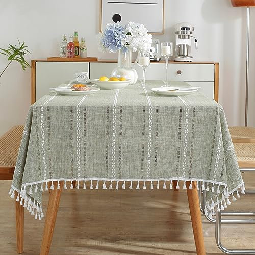meioro Böhmische Tischdecke für Küche Dekoration, 140x180cm Makramee Tischtuch mit Quasten, Rechteckige Leinen Tischwäsche, Gestreifte Tafeldecke Mesh Tischdecken für Esstisch Tabletop(Olivgrün)