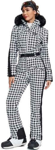 HOTIAN Damen Skianzug Einteiler Skioverall Winter Warme Damen Schneeanzug Wasserdicht Winddicht skibekleidung Schneeoverall Jumpsuit Mit Kapuze White Black S