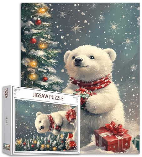 Merry Christmas Animals Jigsaw Puzzles für Erwachsene 1000 Stück, Xmas Cute Polar Bear Art Jigsaw Puzzle Colorful DIY Craft Puzzles for Home Decoration Gifts, Family Puzzle Perfect for Game Nights