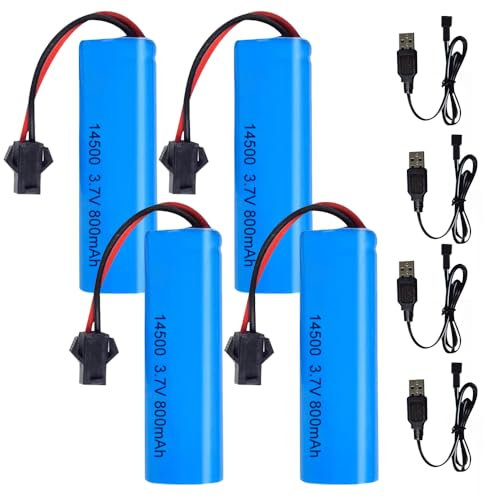 Batteria Ricaricabile 3.7v 14500, Afenau 4 pezzi Batteria Ricaricabile 14500 800mah 3.7v Li-ion con 4 caricabatterie USB SM-2P Plug, Batteria Ricaricabile 3.7v 800mah per Auto RC, Carri Armati, Robot