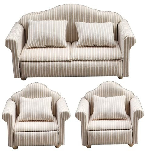 CAKEEYUM 3pcs 1 12 Skala Dollhouse Möbel, gestreiftes Doppel ＆ Einpuppenhaus Couch mit Kissen Sessel Sofa Wohnzimmer Dollhouse Möbel Holzpuppenhauszubehör