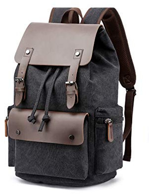 Rufun Leinwand Rucksack mit PU-Leder, Vintage-Stil, für Laptop, Schule und Reisen, Grau (Schwarz)