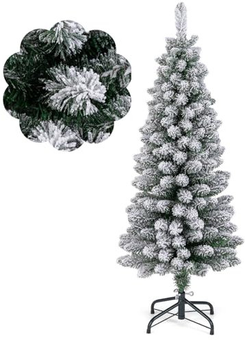 COSTWAY künstlicher Weihnachtsbaum Bleistift, 120 cm Tannenbaum mit Schnee, Christbaum mit 240 Zweigspitzen & klappbarem Metallständer, schlanker Kunstbaum Weihnachten für Zuhause, Büro (Grün)