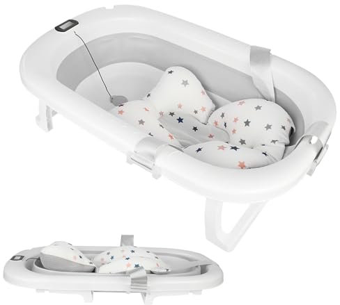 OHMG Bañera Bebe, Bañera Plegable Bebé, Bañera Bebé Con Termómetro Digital, Cojín De Baño, Bañera Bebe Plegable, Compacta Portátil Con Bandeja De Almacenamiento (Gris-80 x 50 x 23 cm)