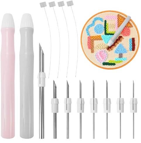 15 StüCk Griff Stanznadel, Punch Needle Set, Punch Needle Kit, Stanznadel Set, Stanznadel, Stickerei Punch Nadel Werkzeug Set 1.2/1.5/2/2.5/3.5/5mm Punch Needle für DIY Nähen Stickerei