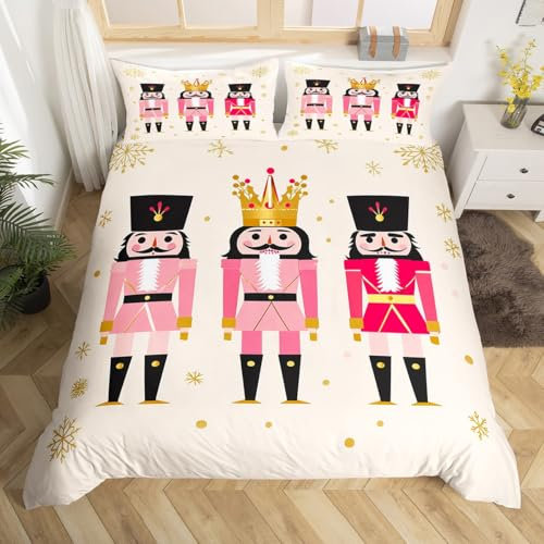 Homemissing Pink Nutcracker Bedding Set Royal Guarder Comforter Cover Set Merry Christmas Xmas Theme Duvet Cover Single Size Bedroom Decor Snowflake Bedspread Cover Bedding Collection 2Pcs