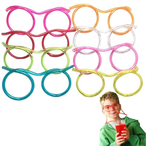 8 Pack Straw Glasses, Ideal Party Straws, Fun Party Accessories for Boys & Girls, Unique Drinking Straws, Perfect Kids Party Favours, Curly Straws Mixed Colours