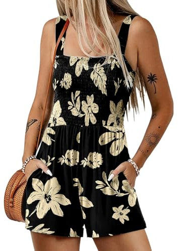 QUNERY Jumpsuit Donna Estiva Salopette Corta Pantaloni Tuta Gamba Allentata Con Tasche Boemia Casual Senza Maniche Salopette con Tasca Nero M