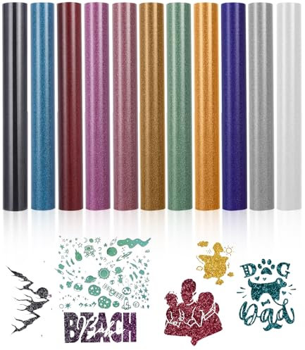 FAOKZE Plotterfolie Textil,Heat Transfer Vinyl,30×25cm Flexfolie Plotter Textil,Textilien Transferfolie zum Aufbügeln für T-Shirt,Hüte oder andere Stoffe (Glitzer 11 PCS)