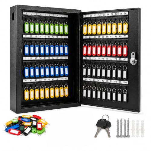 Lumberjack 100 Key Cabinet Metal Key Box Wall Mounted Lockable Storage Safe | Secure 100 key steel cabinet with adjustable hooks, numbered colour coded strips, cylinder lock and 100 key tags.