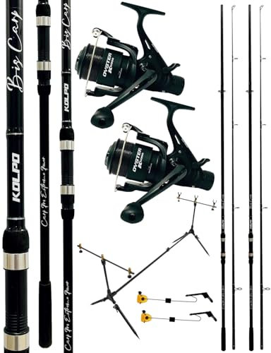kolpo combo da pesca carpfishing con due canne 3.60 mt 2 sezioni + due mulinelli con dioppia frizione e filo + rod pod + 2 indicatori abboccata