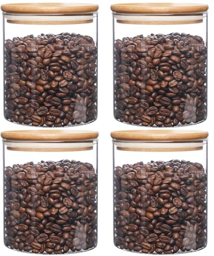 Pykrudo 4 Pack Glass Storage Jars with Airtight Bamboo Lid, 800ml Round Glass Kitchen Canisters, Clear Container for Coffee Bean Storage, Dry Goods, Cookie, Candy, Tea, Spices