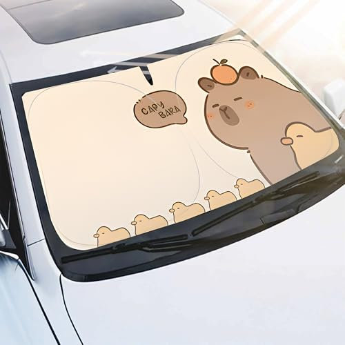 BESCH Parasol de Coche Plegable con Dibujo de Capibara Cubierta Universal de Automóvil - Parabrisas con Protección Rayos UV Ventana Delantera Aislante del Calor (145x80cm)