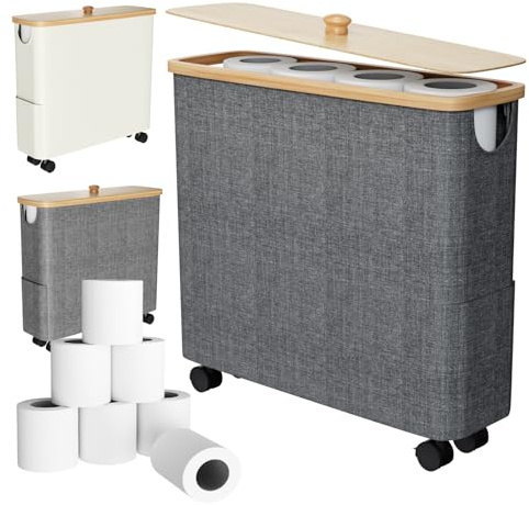 MIKESIER Support de rangement de papier toilette avec couvercle en bambou et roulettes, panier de rangement de salle de bain avec poignée, panier de rangement de papier jusqu'à 9 rouleaux, gris, 1