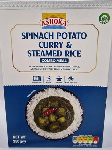 Ashoka Spinach Potato Curry & Steamed Rice Combo Meal 250g – Ready to Eat Indian Curry with Rice – No Preservatives, 100% Vegetarian, Authentic Taste (Pack of 1)