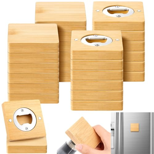 Vesici 24 Pcs Magnetic Bottle Opener 2.5in DIY Bamboo Square Shape Beer Openers Wooden Fridge Magnet Refrigerator Sticker Gift for Beer Lover Wedding Guest Kitchens Bars Parties