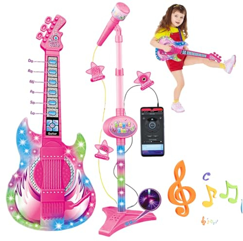Guitar and Microphone for Kids, Toy Guitar with Music & Light, Adjustable Height 2 in 1 Kids Microphone with Stand, Learning Toy Instruments for Ages 5-9 Electric