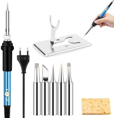 Brandmalerei Lötkolben Set, Brandmalkolben, Soldering Iron, 60W Lötset mit Temperatur Einstellbar 200-450°C, 5 Wechselspitzen zum Löten, Lötkolbenständer, zum Heißschneiden Schweißen Brandmalerei
