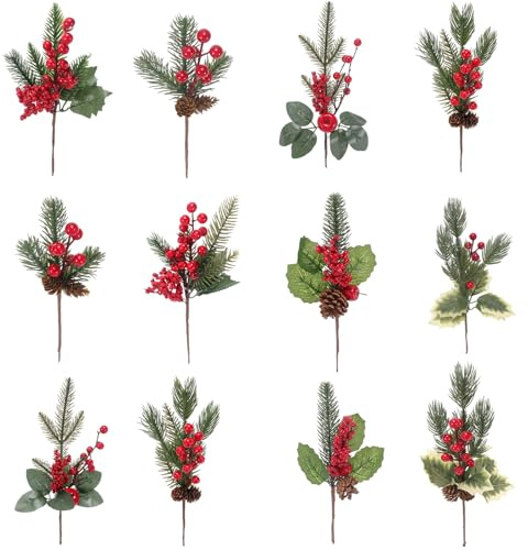 MWOOT 12 Piezas Ramas de Pino Artificiales, Púas de Navidad con Bayas Rojas Piñas Agujas de Pino Hojas de Acebo, Ramas de Abeto para Guirnalda Árbol de Navidad Mesa Decoración del Hogar