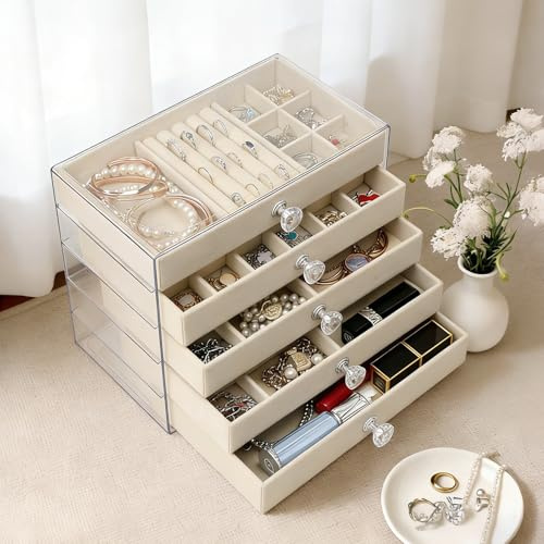 VirtuGro 5 Ebenen Schmuckaufbewahrung Schmuckkasten Groß Damen Schmuckbox | Abnehmbare Schmuckkästchen mit transparentem Acryl Gehäuse Samt Jewelry Organizer Damen Schmuckbox für Halsketten Ringe Beige