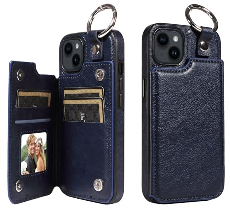 XNCVBD Telefonstil Kompatibel mit iPhone 14 Wallet Card Slot Holder Multifunktionale Handyhülle Flip Phone Case(Navy-Blue)