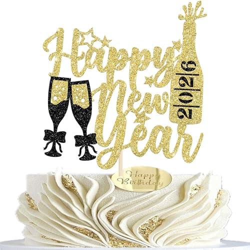 1 Packung 2026 Geburtstag Tortendeko Happy New Year Frohes Neues Jahr Kuchen Deko Cake Toppers Party 2026 Happy New Year Tortendeko Cake Toppers für Neujahrsdeko Kuchen Dekoration Gold