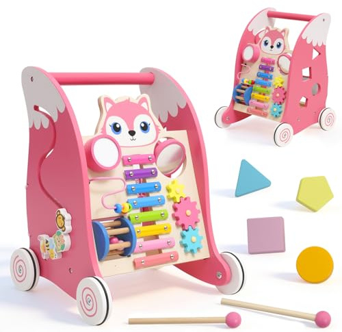 Chariot de Marche Bebe avec Xylophone, Instruments de Musique et jeu d'association de Formes.Trotteur Bebe Fille,Jouet Montessori Centre d'activités Multifonctionnel pour bébés de 6 mois et plus, Rose