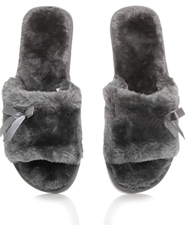 AJVANI Womens ladies flat peep toe bow cosy faux sheepskin fur slip on slippers size
