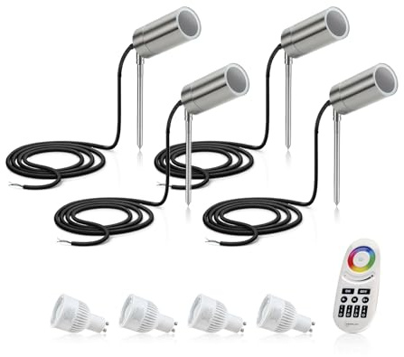 Auraglow Stainless Steel GU10 Garden Outdoor Spike Light with RF Remote Control Colour Changing LED Bulbs - 4 Pack