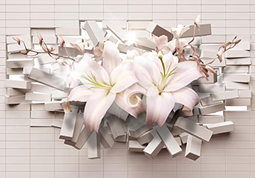 wandmotiv24 Fototapete Lilien 3D Wanddurchbruch, XL 350 x 245 cm - 7 Teile, Wanddeko, Wandbild, Wandtapete, Weisse, Blumen, Wand M1235