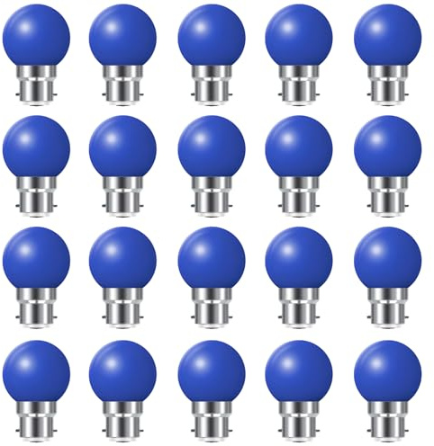 Coloured B22 Bayonet LED Small Golf Ball Bulbs,Fulighture Energy Saving Light Bulbs,2W=20W,for Outdoor Garden Patio,Halloween,Christmas Tree,Fairy Party Night Lights,20 Pack (Blue)